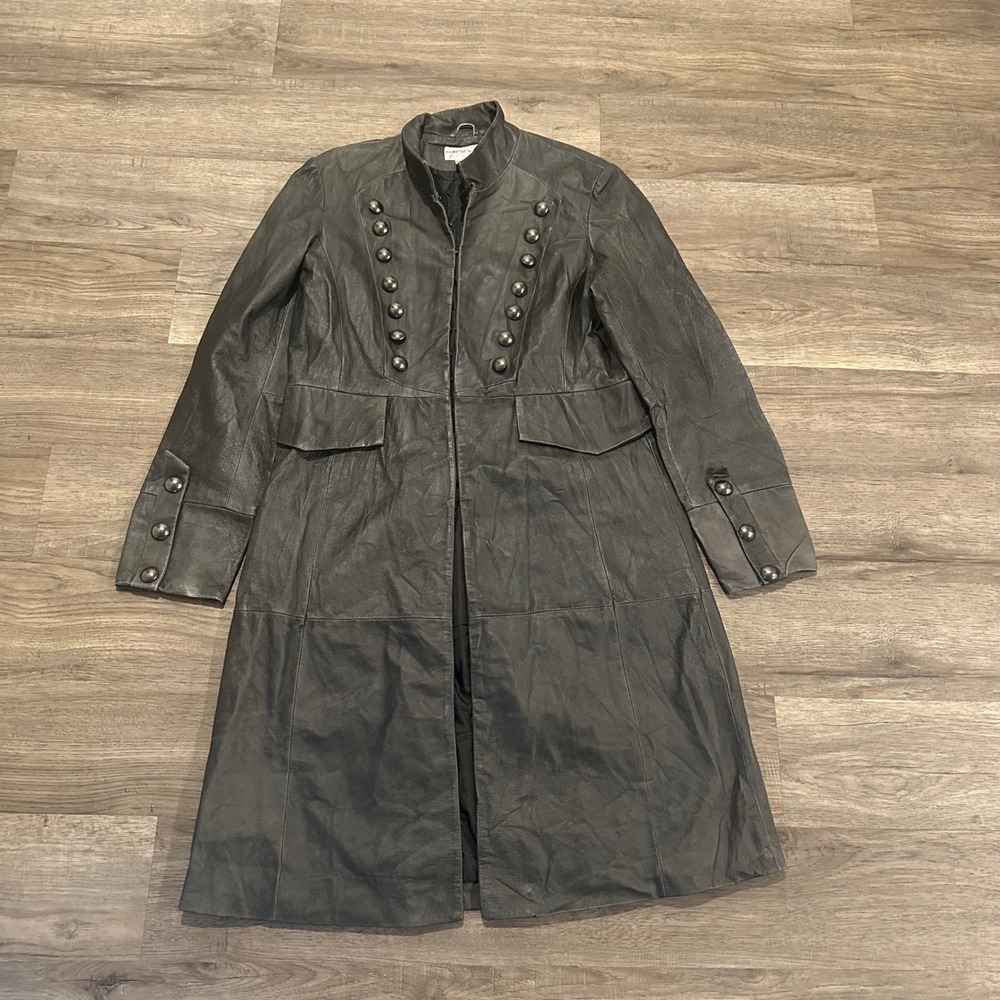 Vintage Newport News Black Leather Trench Coat Military Duster Jacket Women's 16